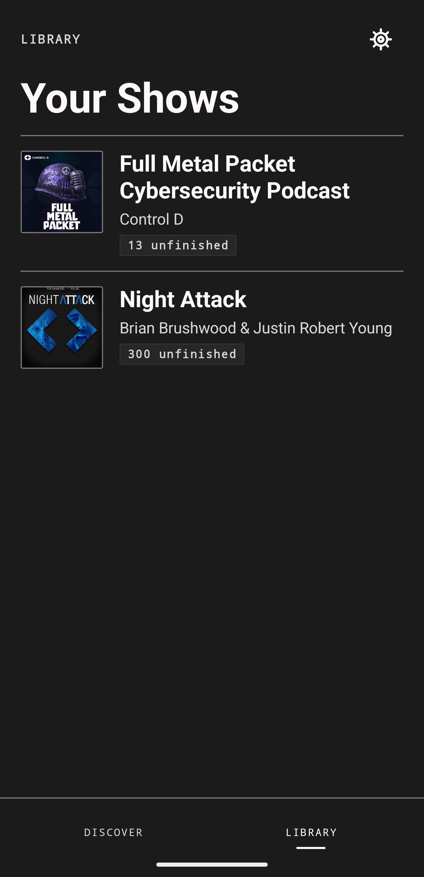 Cadence Library showing Full Metal Packet Cybersecurity Podcast and Night Attack.