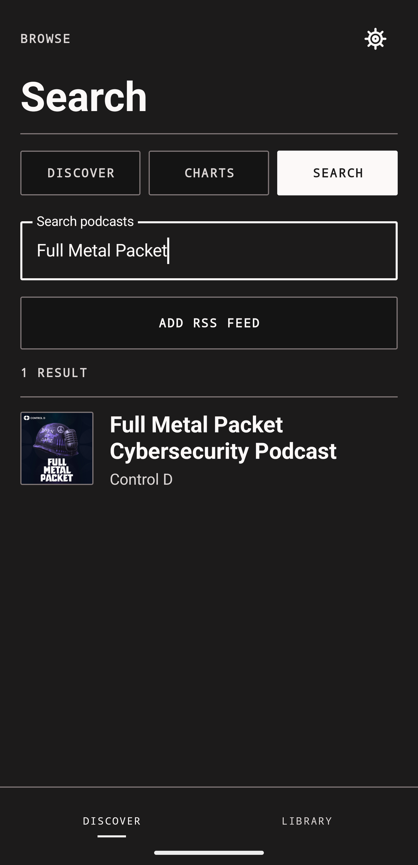 Podcast search result for Full Metal Packet Cybersecurity Podcast by Control D, with an option to add a public RSS feed directly.
